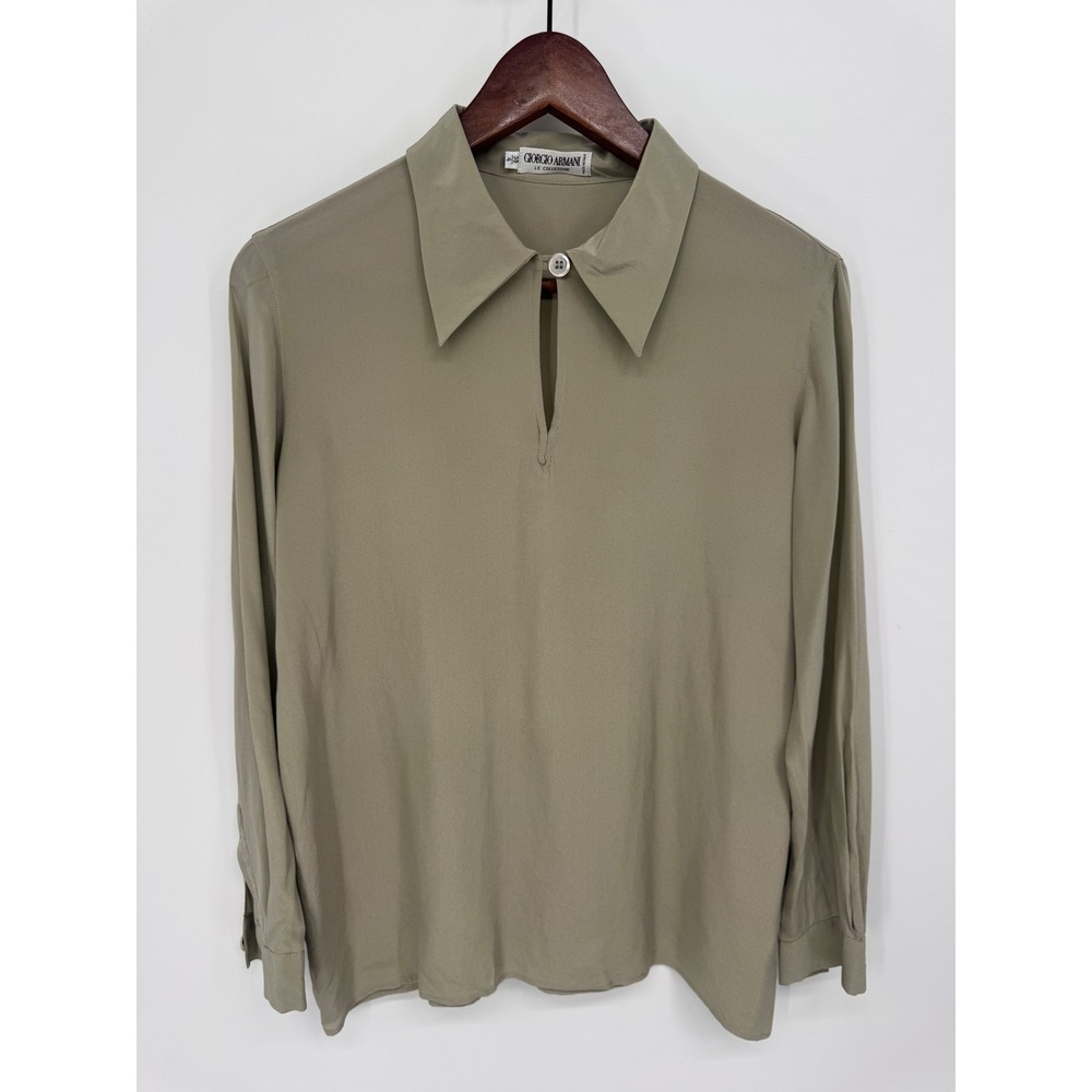 Giorgio Armani Silk Blouse Women 4 Green Keyhole Neck Italy Office Quiet Luxury